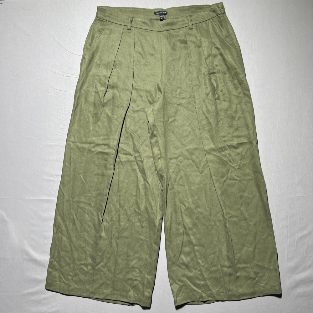 Eileen Fisher Pants Womens 14 Green High Waist Wide Leg Tencel Twill Side‎ Zip